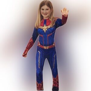 Captain Marvel Costume Girl L 10-12 Padded Jumpsuit Headpiece NEW